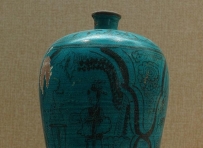 元代，磁州窑孔雀绿釉人物纹梅瓶  1271－1368